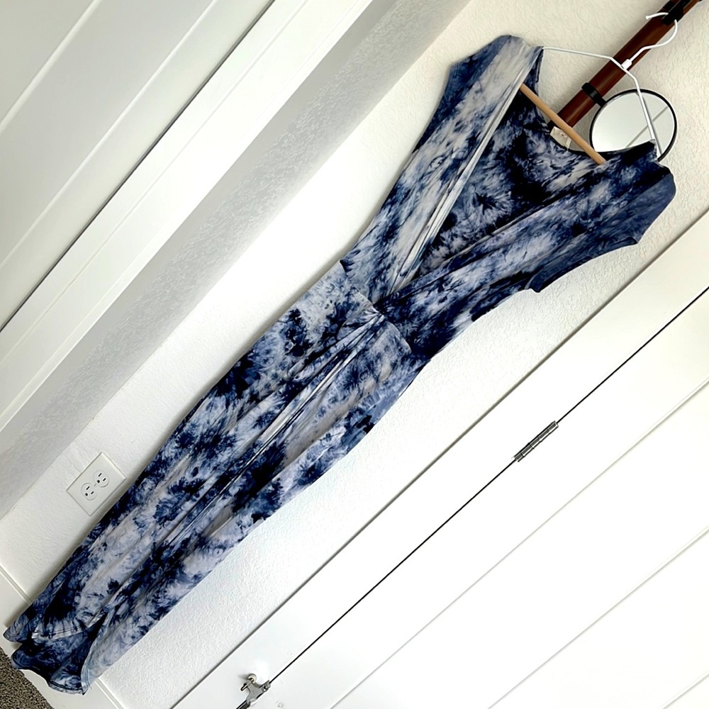 Blue and White Tie Dye Stretch Cotton Maxi Dress